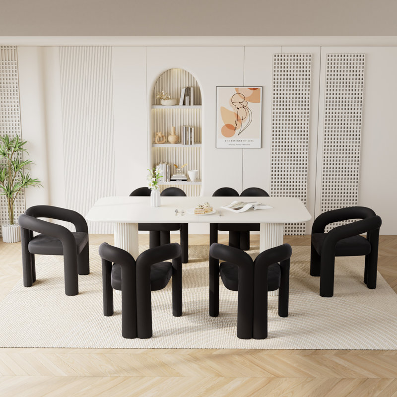 Ensemble de table de salle à manger moderne à double piédestal, Noir, noir, noir, noir, 7