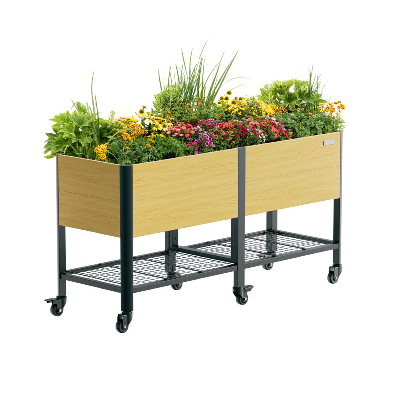 36" Tall 72" Long Rectangular Metal Outdoor Elevated Planter with Wheels