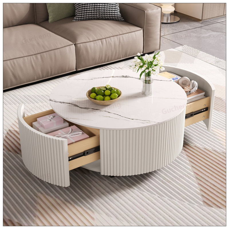 Table basse ronde moderne mobile avec roulettes, 2 tiroirs et plateau en pierre frittée durable à motif marbré, Blanc