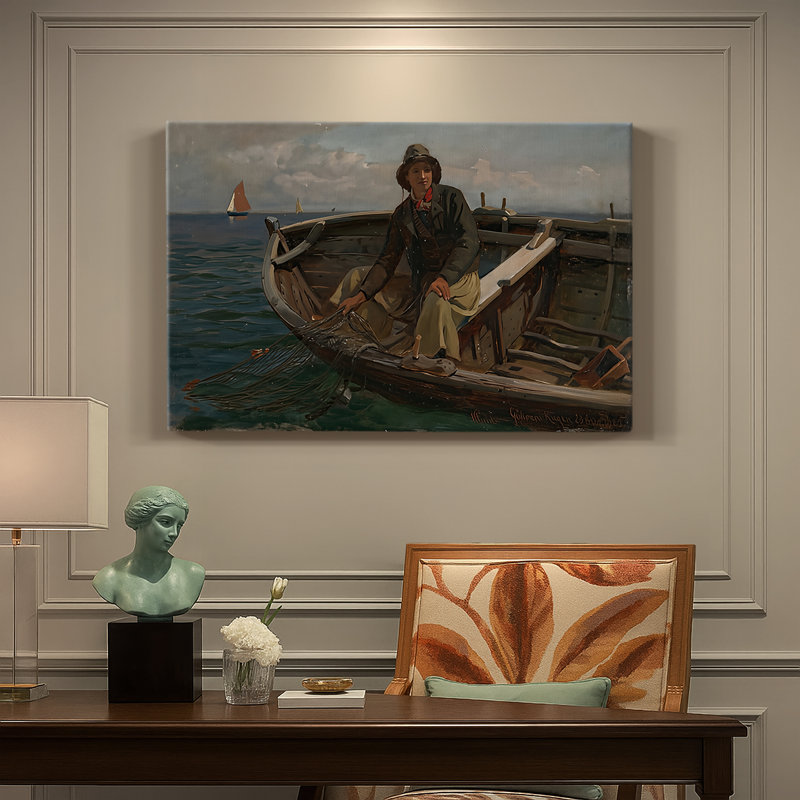 Hans Gude «Fisher in a Row bateau, Göhren (Rügen)», reproduction d'art sur toile de qualité musée, 32 x 48