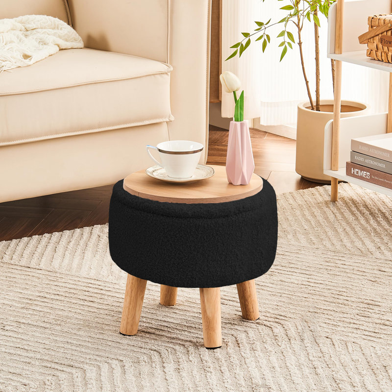 Ottoman With Storage, Storage Ottoman, Small Foot Stool Ottoman With Wood Legs, Teddy Velvet Foot Rest,Black, Black Teddy