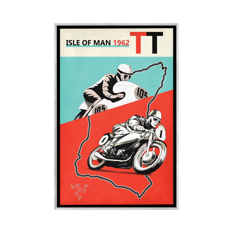 «Isle of Man TT» par Mark Rogan, impression d'art graphique, H 26 po x l 18 po x 1,5 po, Toile avec cadre argenté, Aucun mat