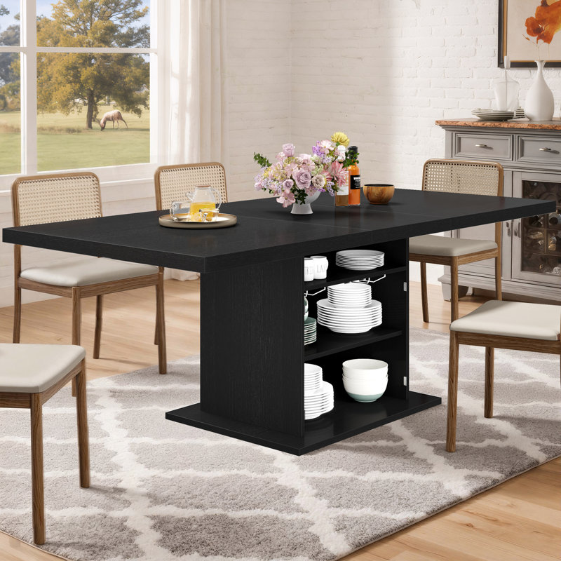 Black Dining Table For 4 To 6, Modern Kitchen Dining Room Table With 3-tier Storage Shelf And Acrylic Door Cabinet, Rectangular Wooden Dinner Tables For Home Kitchen Living Room