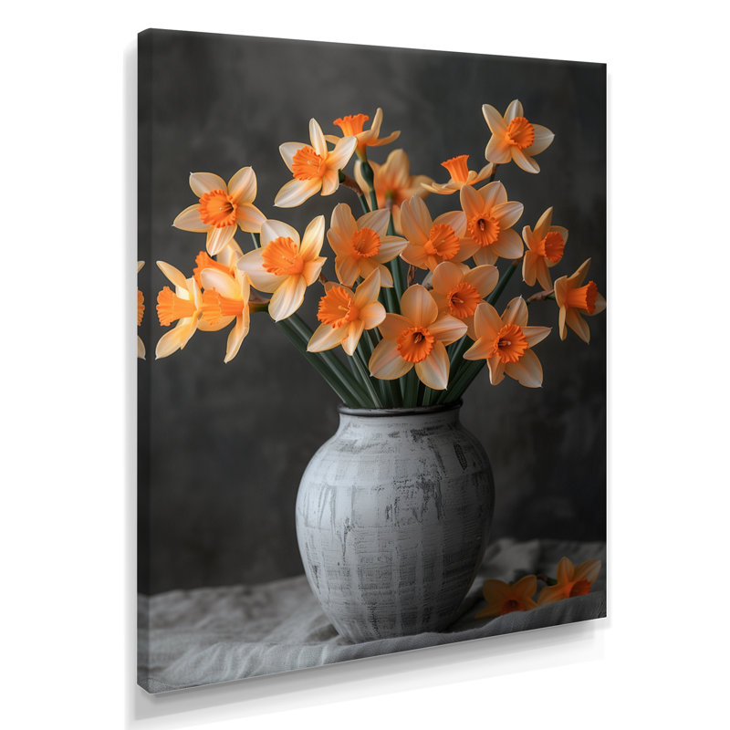 Jonquilles monochromes jaunes et orange dans un pot gris II - jonquilles murales, Black Picture Framed, H 12 po x l 20 po
