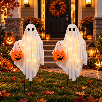 Ensemble de 2 guirlandes lumineuses solaires fantômes pour l'Halloween, avec support à suspendre et à piquer.