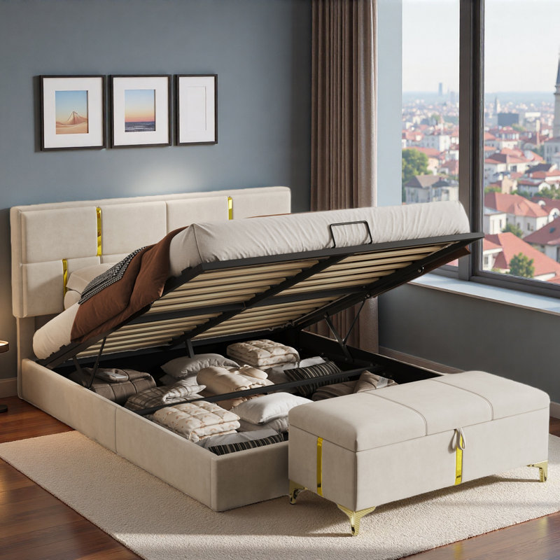 2-piece Perrone Included 1 Upholstered Platform Bed With Hydraulic Storage System, 1 Storage Ottoman With Metal Legs