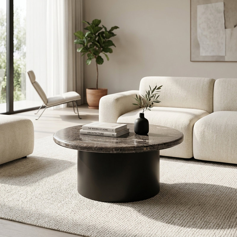 Table basse ronde minimaliste en pierre et métal pour salon - Petite table moderne au style luxueux pour un coin détente - 76 cm, noire