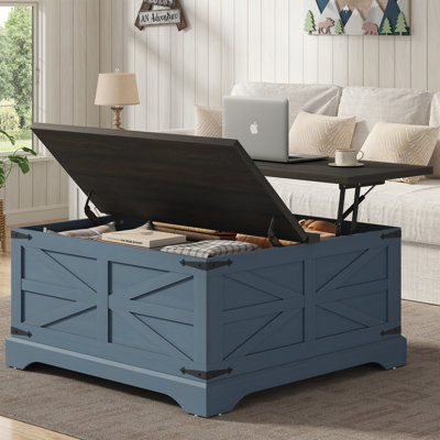 Table basse Jareal, table basse à plateau relevable Farmhouse, table basse carrée avec rangement pour le salon