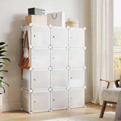 Space-Saving Modular Shoe Storage Cabinet – 12-Cube Stackable Organizer with Doors, Plastic Shelves, Easy Assembly, Ideal for Bedroom, Entryway, Closet, Living Room, Color: White