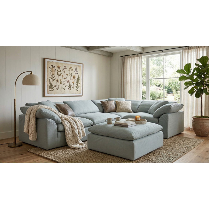 Cloud-Inspired 132" 5 Piece Oversized Deep Lounge Slipcovered Modular Corner Sectional with Ottoman | Performance Fabric Washable Water-Resistant Stain-Proof | Deep-Seating Down-Filled Couch | Plush Cushions, Modern Design