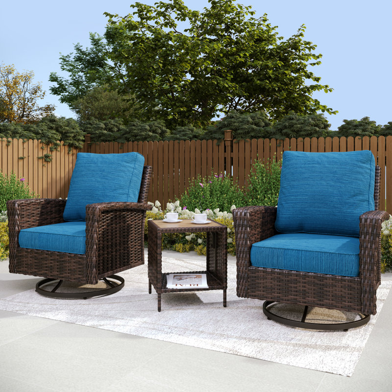 Swivel Wicker Outdoor Lounge Chair With Side Table, Peacock Blue