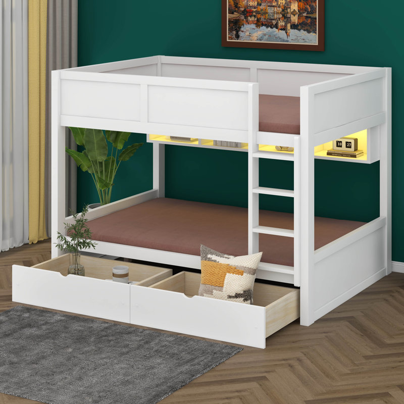 Full XL Over Full XL Bunk Bed With 2 Drawers, Wood Bunk Bed With Storage Cabinets And LED Lights, White