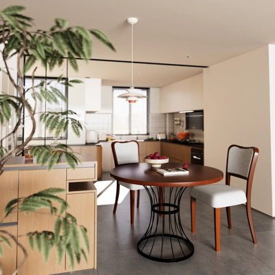 Ensemble de salle à manger rond de 107 cm (42 po) en placage chêne massif aspect bois, avec 2 chaises en noyer et piètement en fer de style industriel. Mobilier de cuisine 3 pièces : table, chaises rembourrées et piètement de bureau.