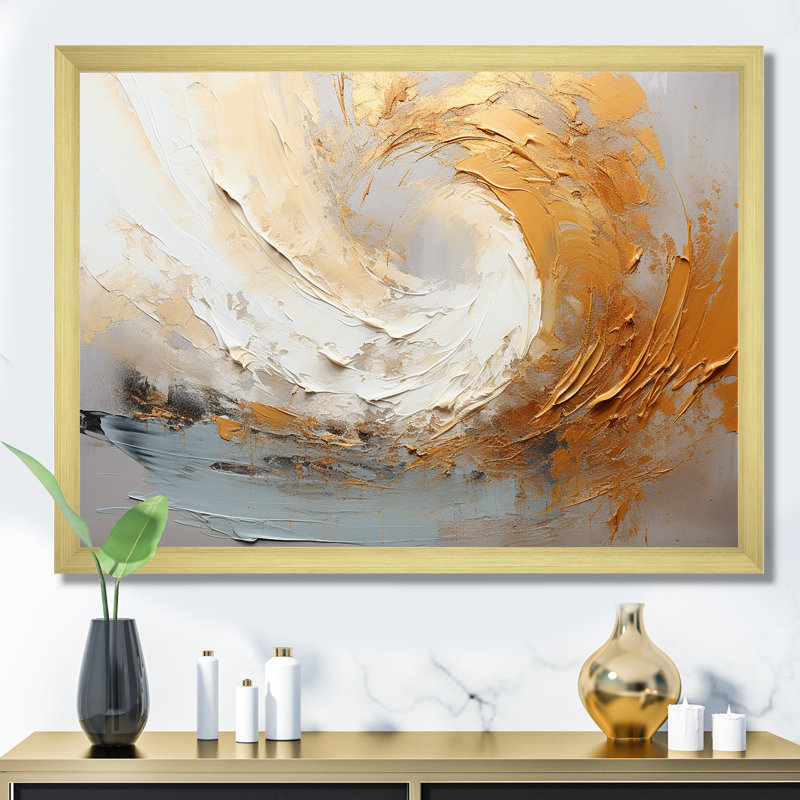 Or et beige, vague douce, peinture III - formes abstraites, art mural, Cadre doré simple, H 24 po x l 32 po x P 1 po