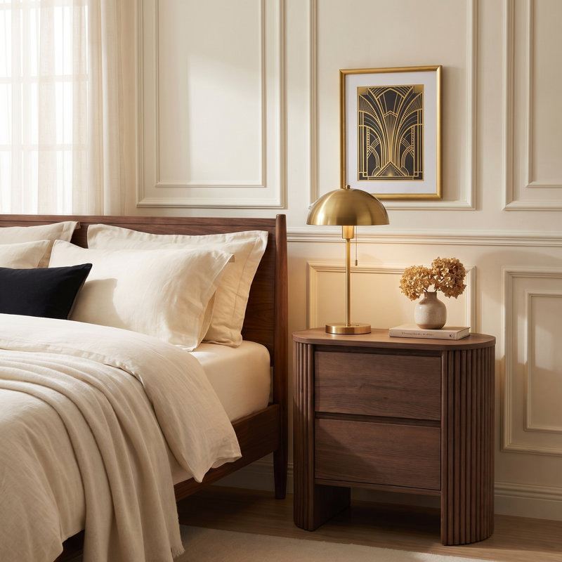 Fluted 1-Drawer Bedside Table with Open Shelf, Light Walnut