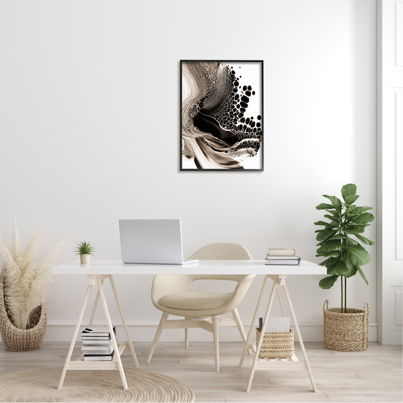Motif monochromatique de formes abstraites galets gris par Ros Ruseva, L 24 po x H 30 po, Giclée encadrée noir minuit