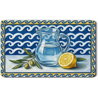 Blue Waves Dish Drying Mats for Kitchen Counter, Lemon Olive Absorbent Rubber Dish Drainer Mat, Summer Vintage Pu Leather Drying Pad for Coffee Bar Protector 31.5x20 Inch