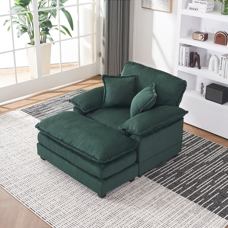Upholstered Armchair with Ottoman, Green Corduroy