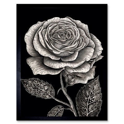 Bahri Black and White Rose Bloom with Patterned Leaves 1 Piece Single Picture Frame Wall Art