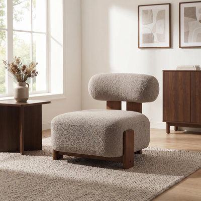Fauteuil lounge en boucle avec structure en bois massif et dossier arrondi - 69 x 76 x 69 cm - Boucle et bois massif - 1 pièce - Fauteuil lounge - Beige - Fauteuil lounge en boucle avec dossier arrondi