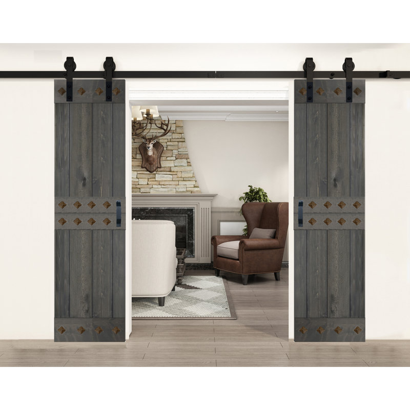 Porte de grange à panneaux et en bois avec quincaillerie d'installation, 72 po x 84 po, Gris carbone