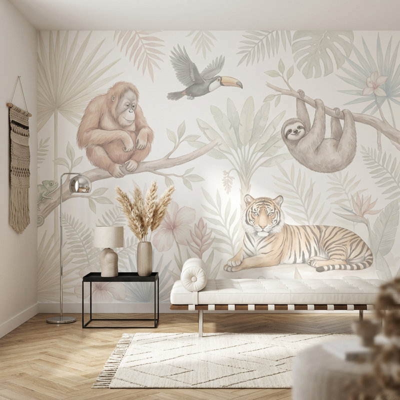 Papier peint fond blanc avec décoration murale fond blanc amovible Jungle Vibe, 160 po x 108 po, Peler et coller