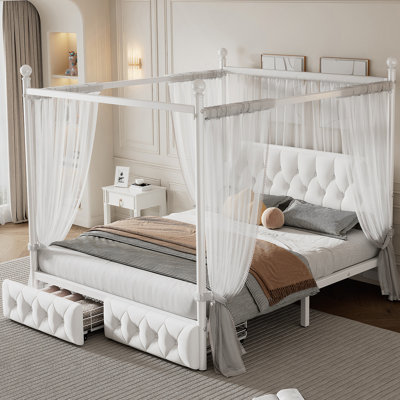 Queen Size Metal Canopy Platform Bed with Upholstered Headboard and Two Storage Drawer