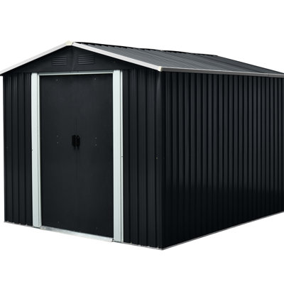 Remise extérieure 8 pi x 10 pi en métal noir - construction en fer galvanisé, évents intégrés perforés, portes coulissantes avec serrure, évents robustes faciles à assembler pour une bonne ventilation, cadenas,