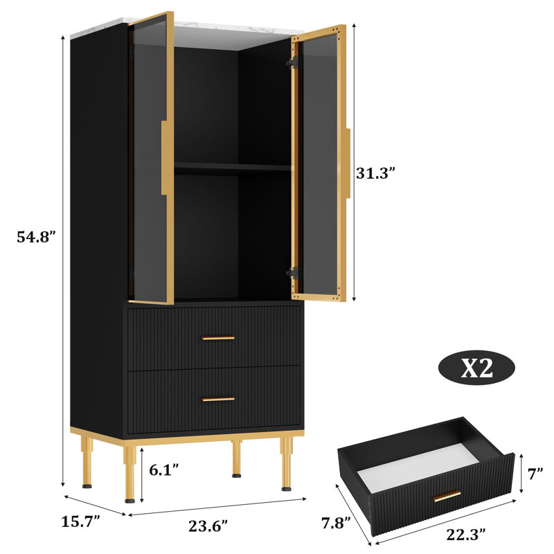 Fluted Storage Cabinet With Glass Door And 2 Drawers, Modern Display Storage Cabinet, Black