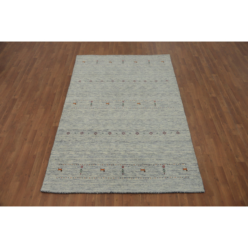 Tapis ivoire et bleu en laine de style Gabbeh fait à la main 5 x 8 po