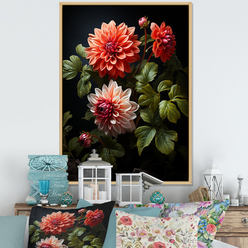Rouge et vert Dahlia Bouquet Harmony III - Dahlia, art mural, Cadre flottant brun, 44" H x 34" W