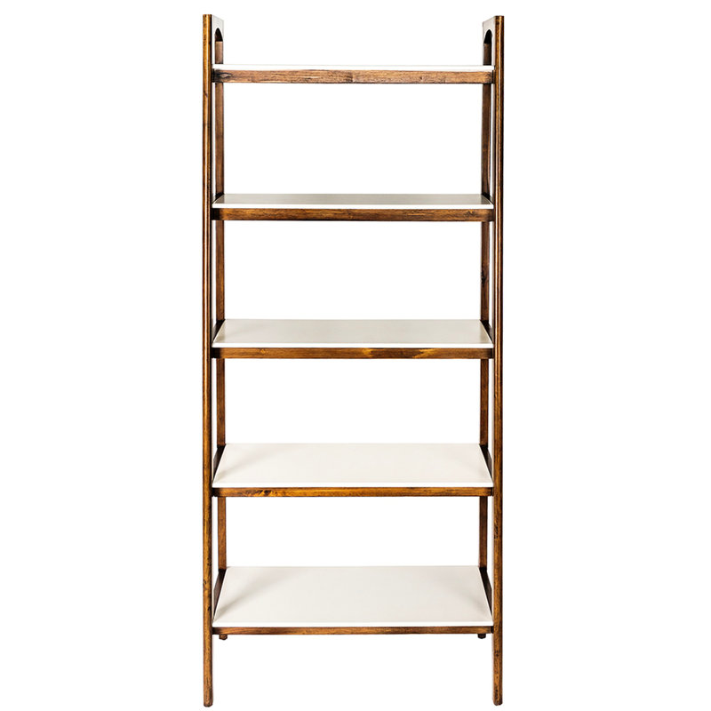 Bibliothèque à 5 tablettes de style Mid-Century avec base en bois massif et détails élégants, Blanc cassé / pacane