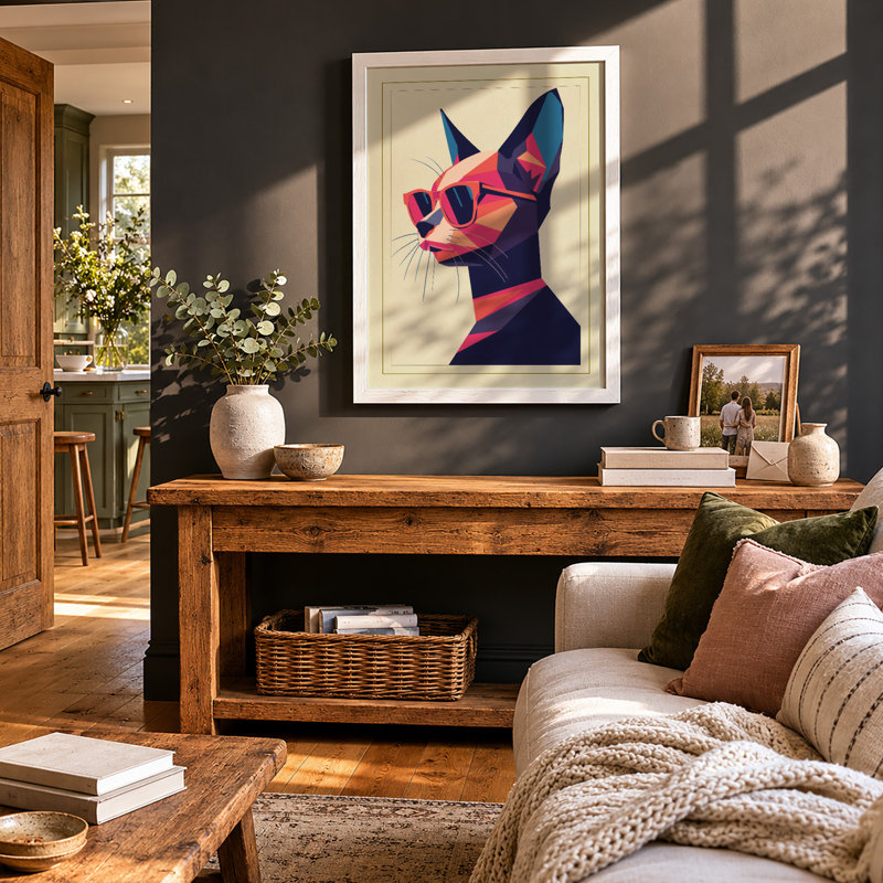 Cool Cat Geometric Art Deco - Framed Print, A3 - 42.0 x 29.7 cm, Walnut