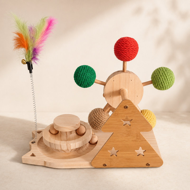 Jouet pour chat en bois 3-en-1 avec grande roue tournante, piste de balle et teaser de plumes - jouet interactif pour chats d'intérieur, jeu multi-chats, bois naturel (13,8 po)