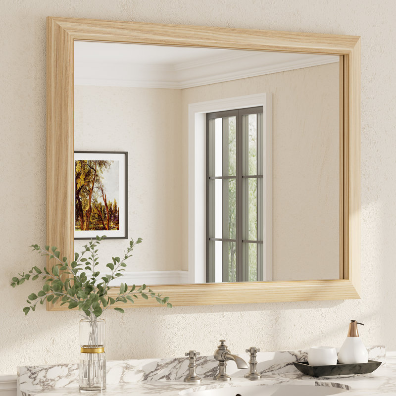 Amara Tempered Glass and Aluminum Alloy Framed French Cleat Mounted Wall Mirror, 48" x 36", Light Yellow Wood