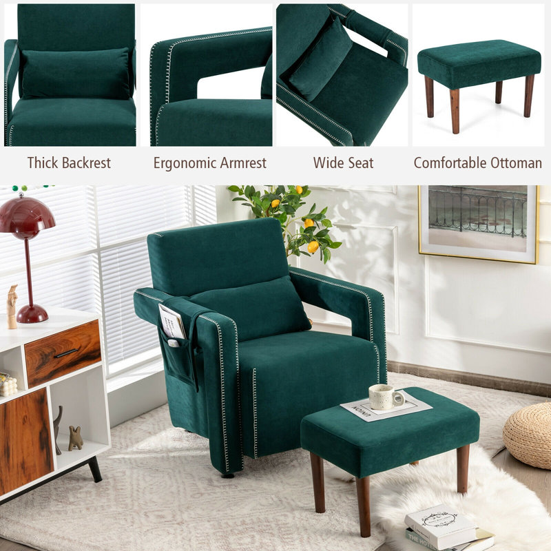 Fauteuil d'appoint moderne en molleton berbère avec repose-pieds et coussin de taille pour le salon, Vert