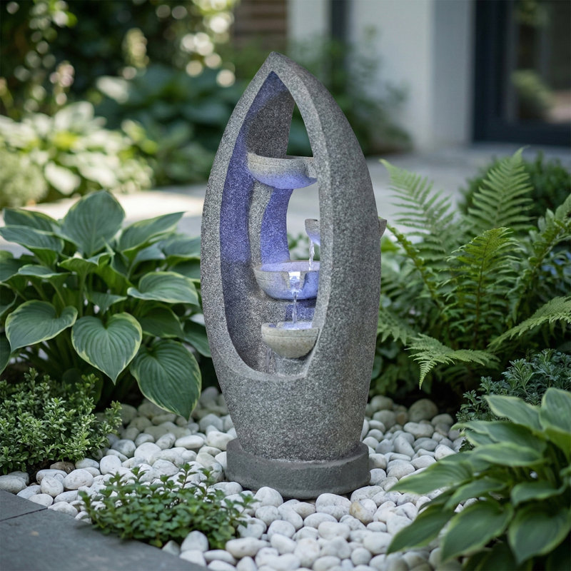 Modern Outdoor Water Fountain With LED Lights – Tiered Resin Stone-Look Garden & Patio Water Feature