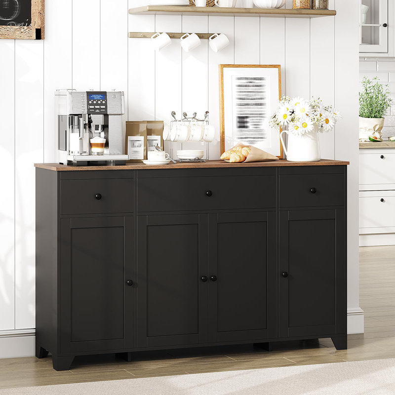55" Large Sideboard Buffet Cabinet Farmhouse Kitchen Storage Cabinet Console Table Coffee Bar Buffet Table with Shelf, Black