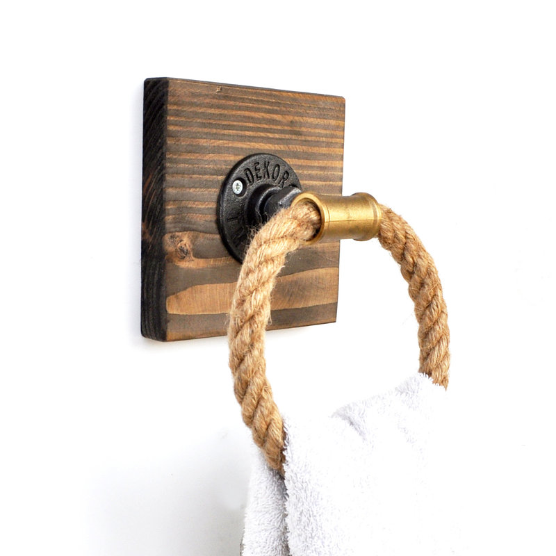 Rustic Wall-Mounted Pipe Hook, 100% Spruce Wood & Metal/Rope, 5.5 x 5.5 x 3.9 inches | Total Bearing Capacity: 11 lbs | Stylish Walnut Finish, Perfect for Home Décor & Organizing, Durable & Functional Design