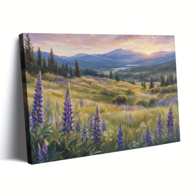 Reproduction d'art mural sur toile, lupin mauve, fleurs sauvages, prairie, montagne, coucher de soleil, nature, paysage, salon, décoration murale