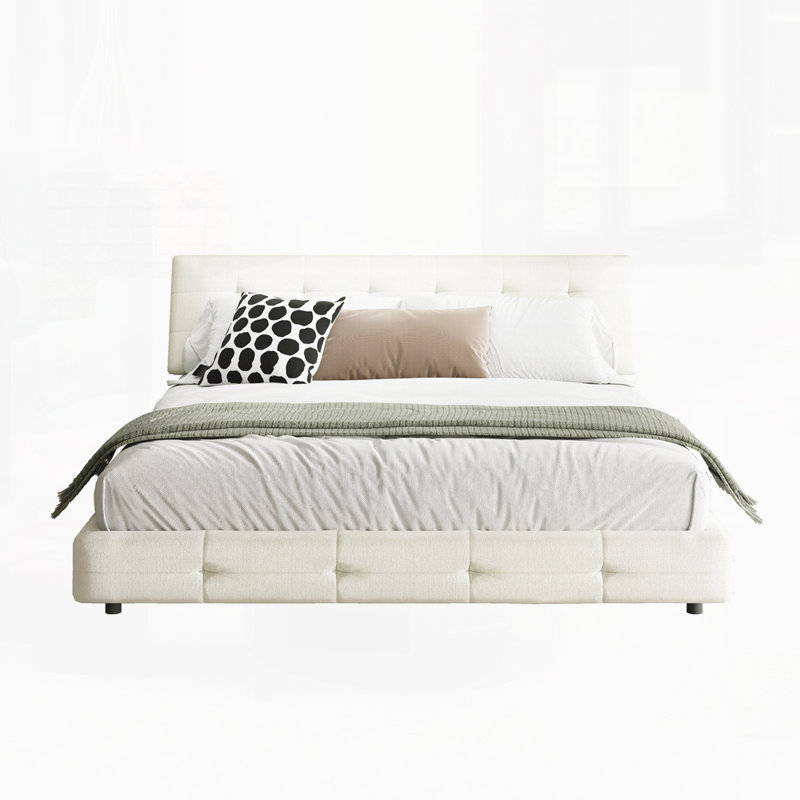 Structure de lit moderne, tête de lit capitonnée avec très grand coussin décoratif, Beige / Blanc, Très grand