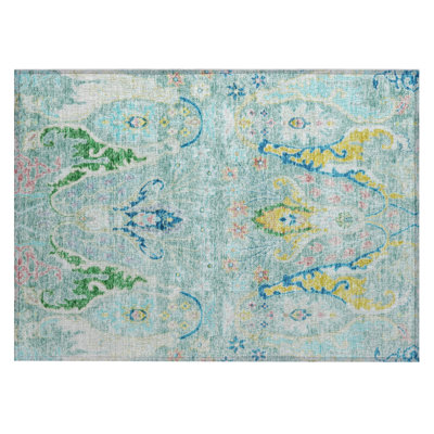Machine Washable Indoor/Outdoor Xhevrie Teal Rug