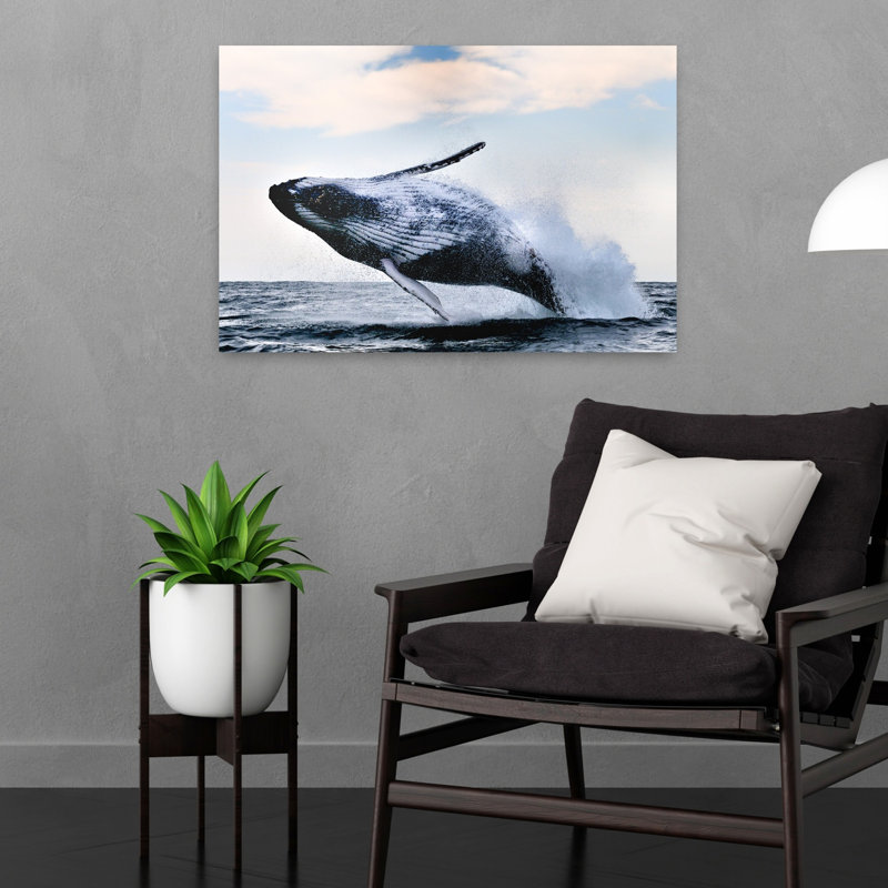 Giant Humpback Breaching Dramatic Abstract Contemporary Whale Nature Ocean Wall Art, 16" H x 24" W