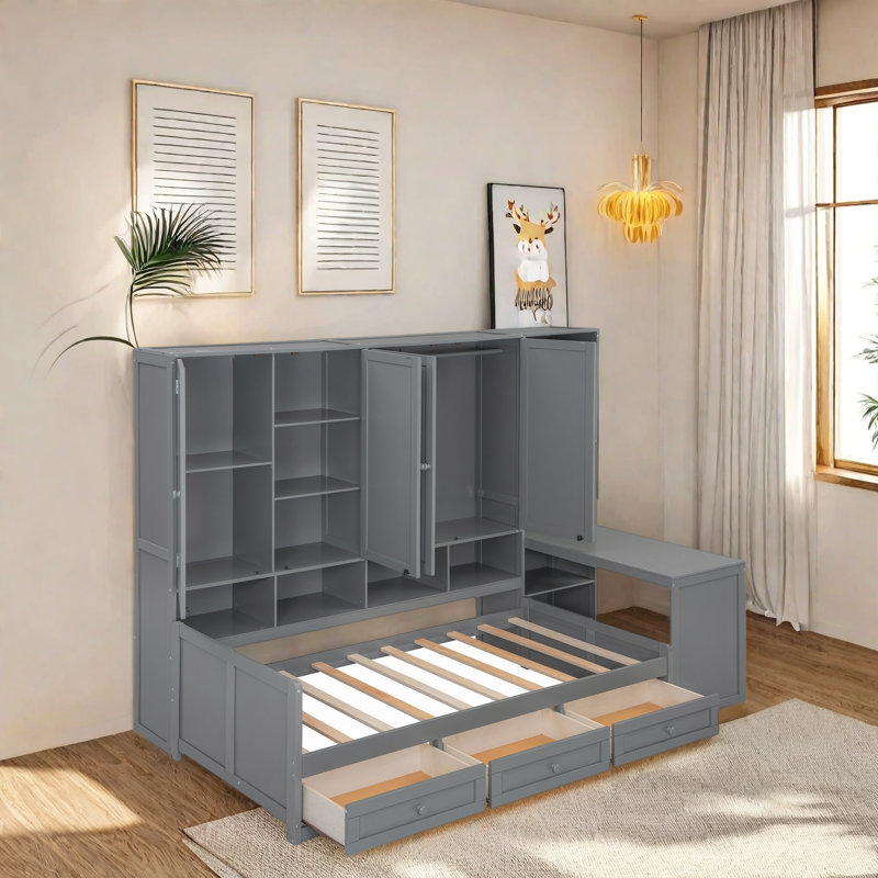 Multi-Functional Daybed with Desk, Shelves, Cabinets and Drawers, Space-Saving Bed Frame with Storage, Reversible Layout, Wood Frame for Bedroom, Apartment, Home Office