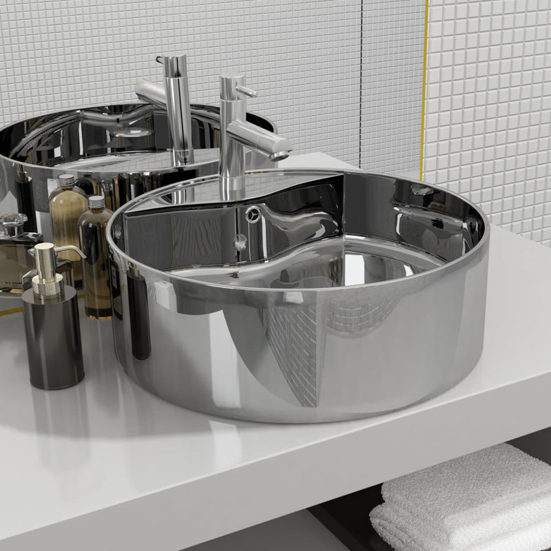 Belfry Bathroom Cavan Ceramic Round Sink with Overflow, 15.5cm H x 46.5cm W x 46.5cm D, Silver