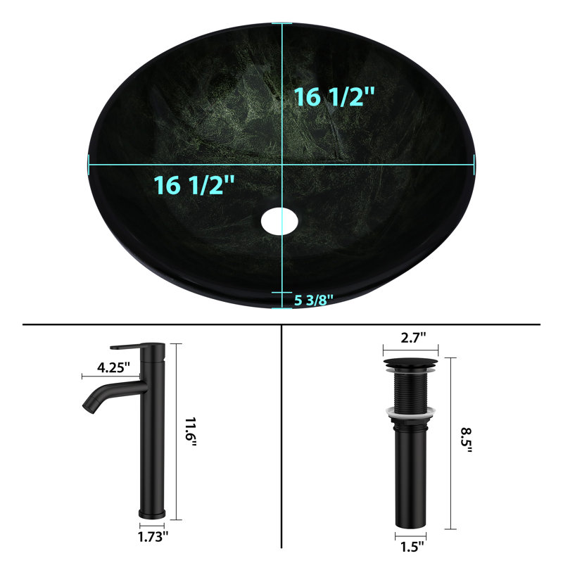 16-1/2 in. Glass Round Vessel Basin Elegant Glass Cricle Bathroom Sink in Dark Green with Matte Black Faucet and Pop-Up Drain in Black