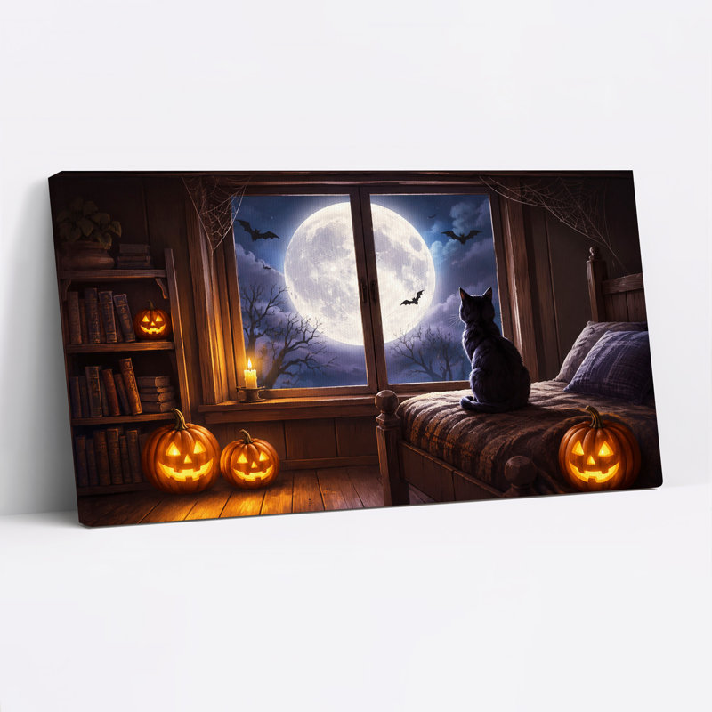Art mural sur toile, "Chat noir assis sur un lit regardant la pleine lune", 32"W x 16"H