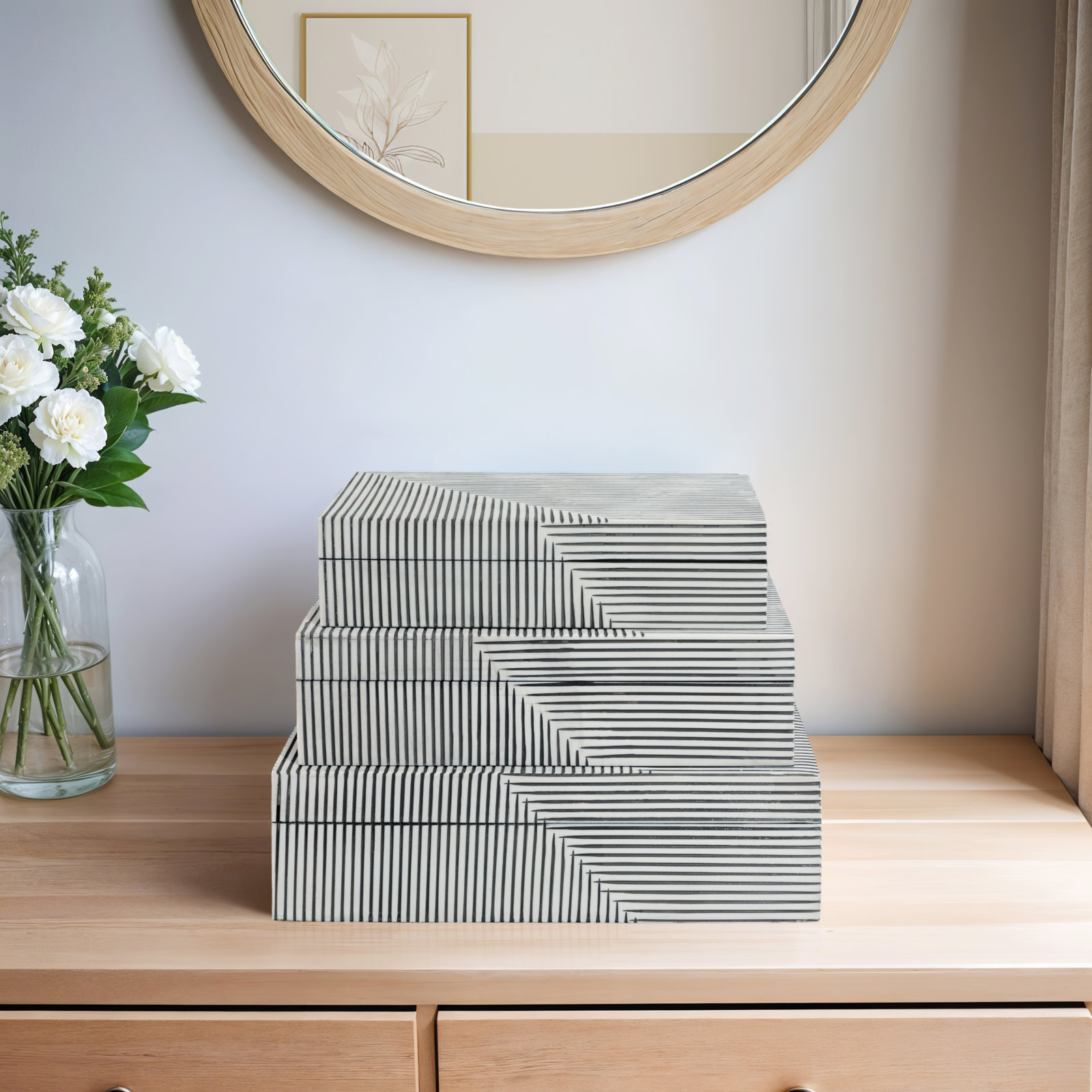 Decorative Boxes Resin Wood Fabric Polyresin MDF Striped Contemporary Modern 12" Blue for Home Office Bedroom Living Room Set of 3.
