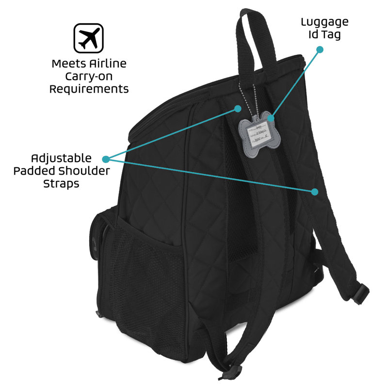 Black Quilted Rolling Dog Carrier Backpack with Accessories