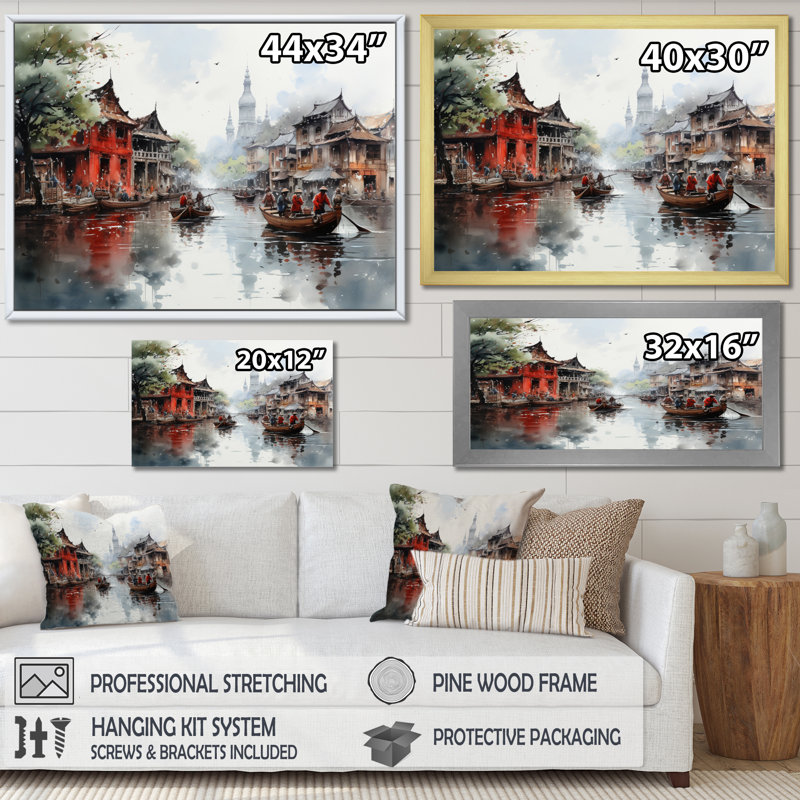 Bateaux au Vietnam, marchés flottants, reproduction d'art sur toile, H 16 po x l 32 po x P 1 po, Cadre simple noir